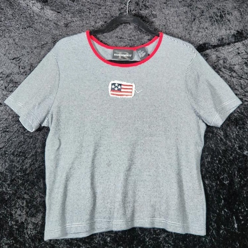 Requirements Embroidered Americana Striped T-Shirt Navy Red White Flag Medium